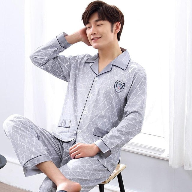Spring Autumn Large Elastic Men Pajamas Set