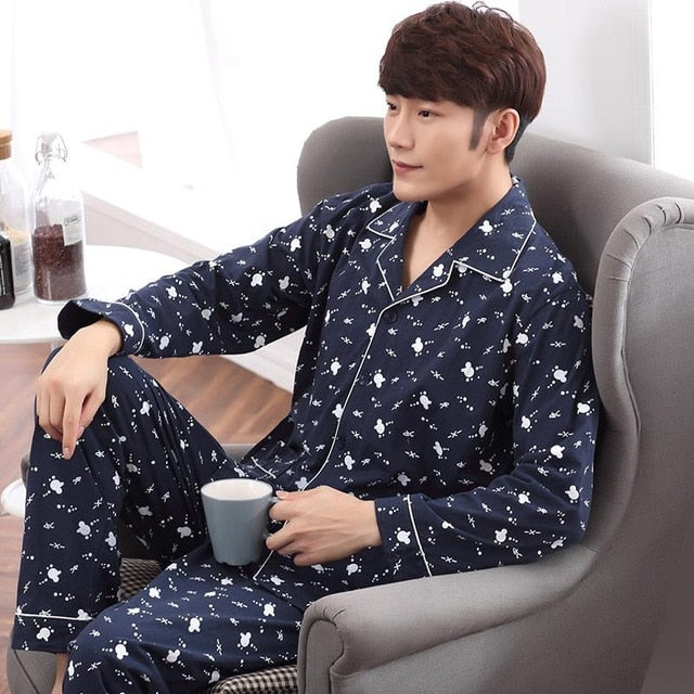 Spring Autumn Large Elastic Men Pajamas Set