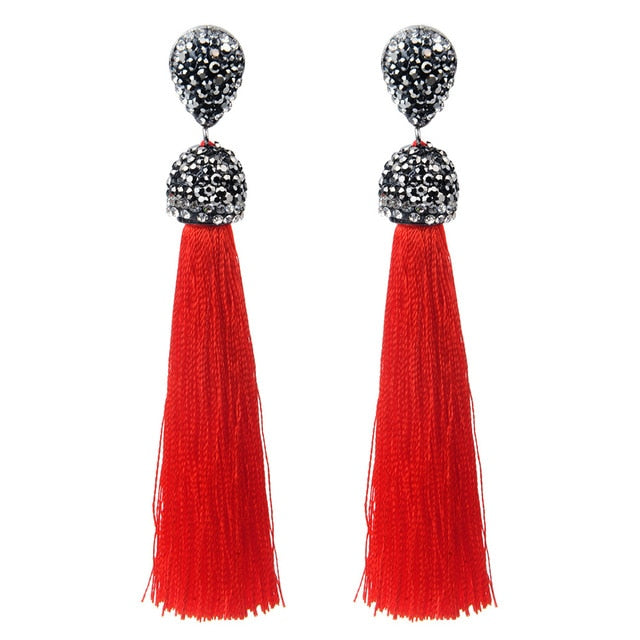 Handmade 12 Colors Long Tassel Earrings Bohemian Black Red Pink White Blue Silk Crystal Dangle Drop Earrings For Women Jewelry - Shopeasywear