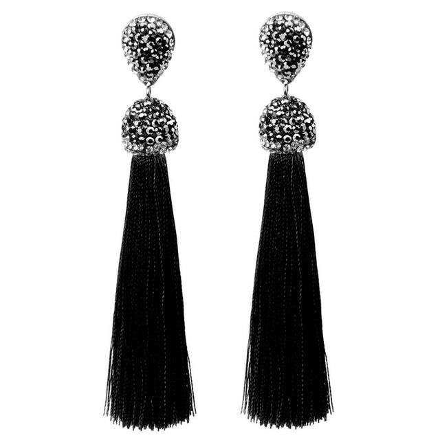 Handmade 12 Colors Long Tassel Earrings Bohemian Black Red Pink White Blue Silk Crystal Dangle Drop Earrings For Women Jewelry - Shopeasywear