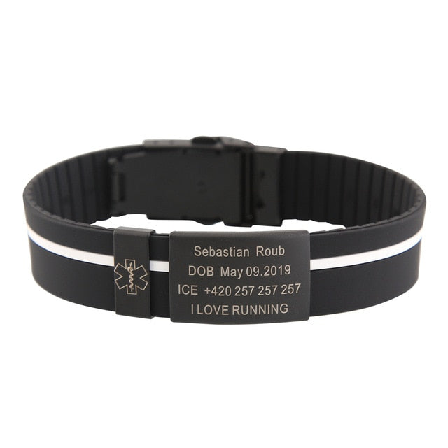 Personalized Custom Child Kids SOS ID Safety Wristband Black Bracelet Baby Kid Engraved Silicone Armband wrist Band Children Boy - Shopeasywear