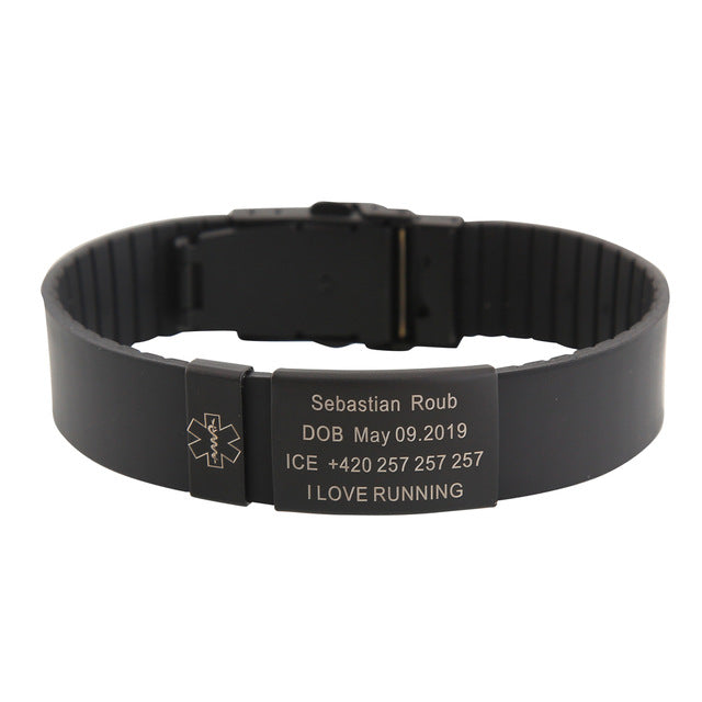 Personalized Custom Child Kids SOS ID Safety Wristband Black Bracelet Baby Kid Engraved Silicone Armband wrist Band Children Boy - Shopeasywear
