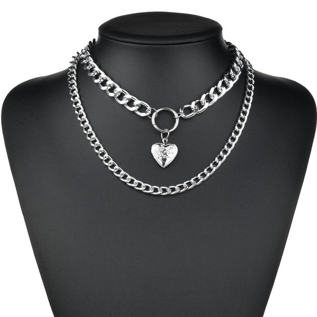 LETAPI Punk Metal Heart Choker Necklace For Women Big Thick Chain Round Hollow Multilayer Pendant Long Necklaces Jewelry - Shopeasywear