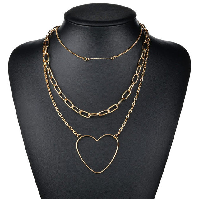 LETAPI Punk Metal Heart Choker Necklace For Women Big Thick Chain Round Hollow Multilayer Pendant Long Necklaces Jewelry - Shopeasywear
