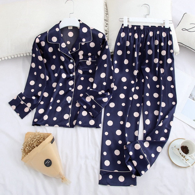 Ice Silk Satin Lapel Women Pajama Set