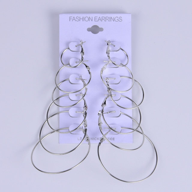 6 Pairs/Set Big Circle Hoop Earrings For Women