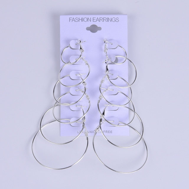 6 Pairs/Set Big Circle Hoop Earrings For Women