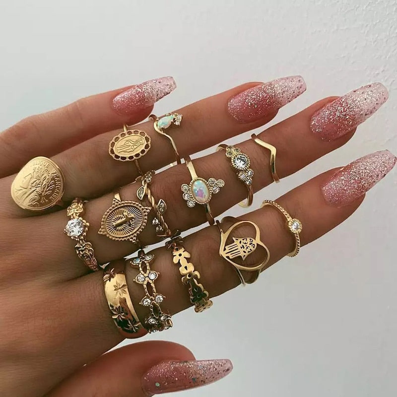 Tocona 15 Pcs/set Boho Virgin Mary Gold Rings for Women - Shopeasywear