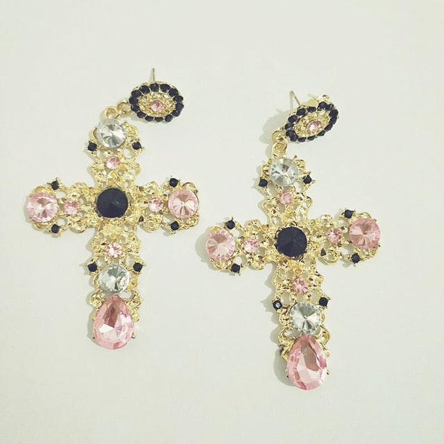 New Arrival Vintage Black Pink Crystal Cross Drop Earrings for Women Baroque Bohemian Large Long Earrings Jewelry Brincos 2020 - Shopeasywear