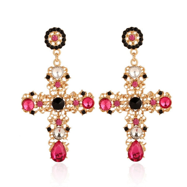 New Arrival Vintage Black Pink Crystal Cross Drop Earrings for Women Baroque Bohemian Large Long Earrings Jewelry Brincos 2020 - Shopeasywear