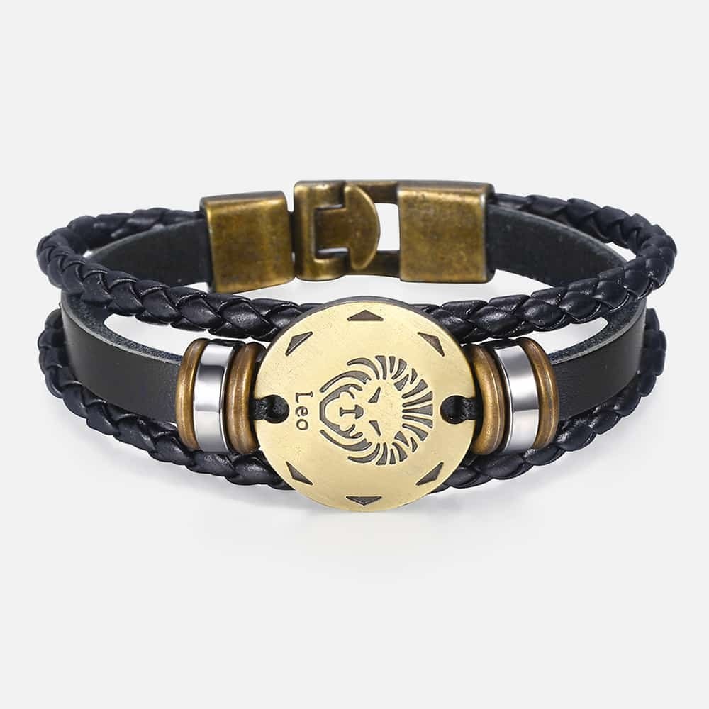 12 Zodiac Sign Horoscope Men's Leather Bracelet Vintage Retro Charm Wristband Male Jewelry Gifts for Men Leo Cancer Aries LBM136 - Jeglow store