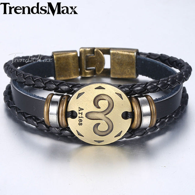 12 Zodiac Sign Horoscope Men's Leather Bracelet Vintage Retro Charm Wristband Male Jewelry Gifts for Men Leo Cancer Aries LBM136 - Jeglow store