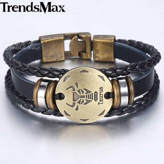 12 Zodiac Sign Horoscope Men's Leather Bracelet Vintage Retro Charm Wristband Male Jewelry Gifts for Men Leo Cancer Aries LBM136 - Jeglow store
