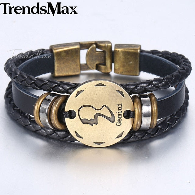 12 Zodiac Sign Horoscope Men's Leather Bracelet Vintage Retro Charm Wristband Male Jewelry Gifts for Men Leo Cancer Aries LBM136 - Jeglow store