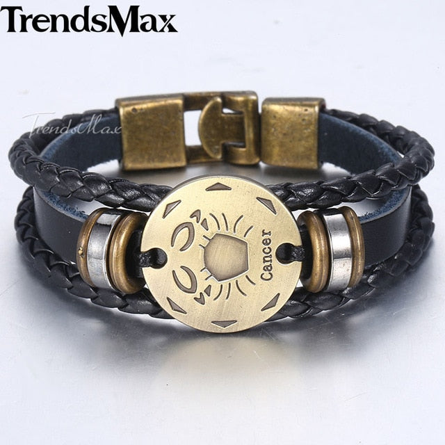 12 Zodiac Sign Horoscope Men's Leather Bracelet Vintage Retro Charm Wristband Male Jewelry Gifts for Men Leo Cancer Aries LBM136 - Jeglow store