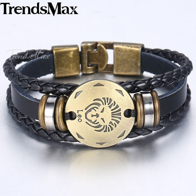 12 Zodiac Sign Horoscope Men's Leather Bracelet Vintage Retro Charm Wristband Male Jewelry Gifts for Men Leo Cancer Aries LBM136 - Jeglow store