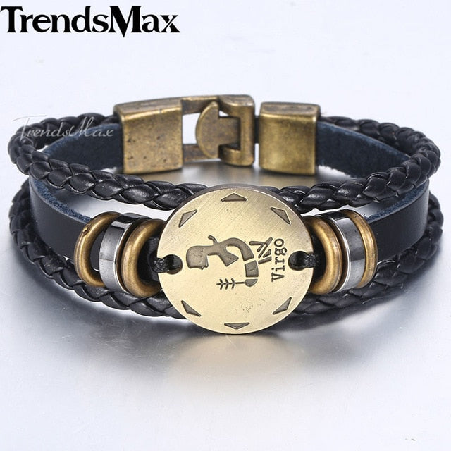 12 Zodiac Sign Horoscope Men's Leather Bracelet Vintage Retro Charm Wristband Male Jewelry Gifts for Men Leo Cancer Aries LBM136 - Jeglow store