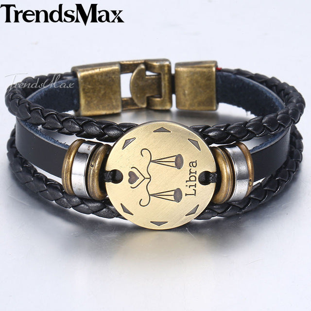 12 Zodiac Sign Horoscope Men's Leather Bracelet Vintage Retro Charm Wristband Male Jewelry Gifts for Men Leo Cancer Aries LBM136 - Jeglow store