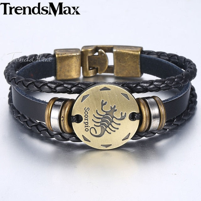 12 Zodiac Sign Horoscope Men's Leather Bracelet Vintage Retro Charm Wristband Male Jewelry Gifts for Men Leo Cancer Aries LBM136 - Jeglow store