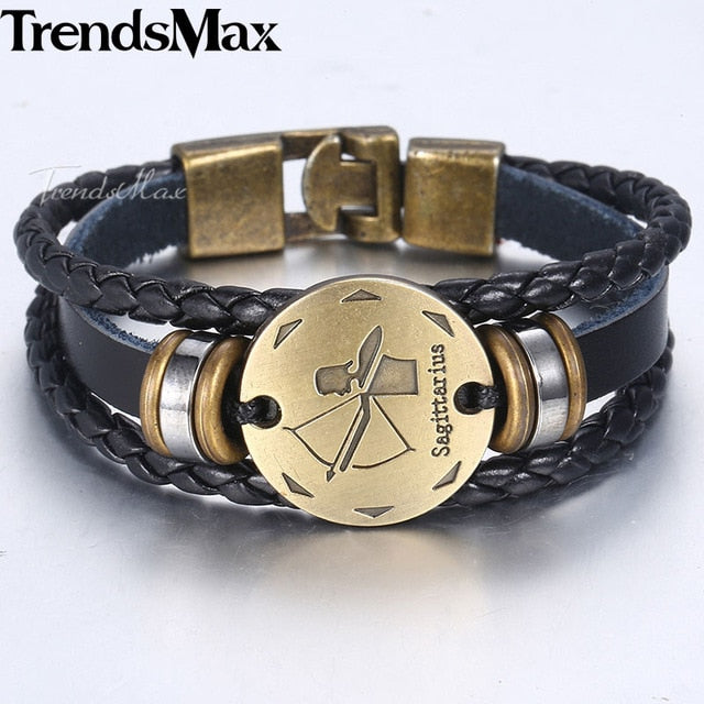 12 Zodiac Sign Horoscope Men's Leather Bracelet Vintage Retro Charm Wristband Male Jewelry Gifts for Men Leo Cancer Aries LBM136 - Jeglow store