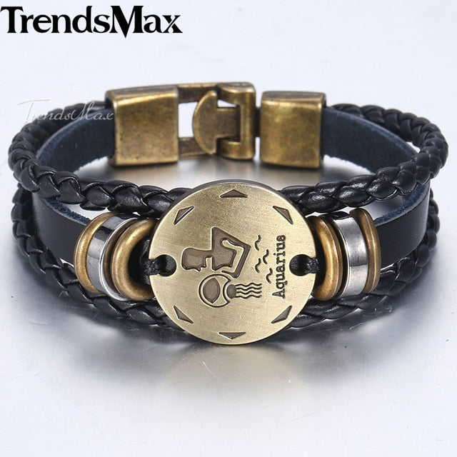 12 Zodiac Sign Horoscope Men's Leather Bracelet Vintage Retro Charm Wristband Male Jewelry Gifts for Men Leo Cancer Aries LBM136 - Jeglow store