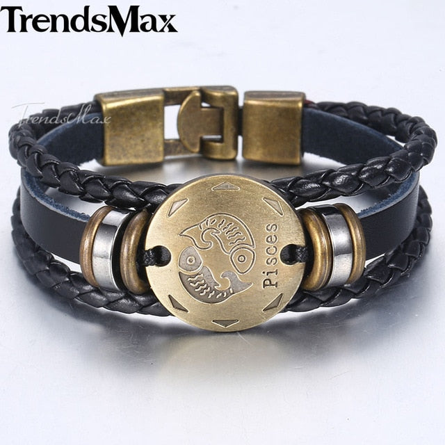 12 Zodiac Sign Horoscope Men's Leather Bracelet Vintage Retro Charm Wristband Male Jewelry Gifts for Men Leo Cancer Aries LBM136 - Jeglow store