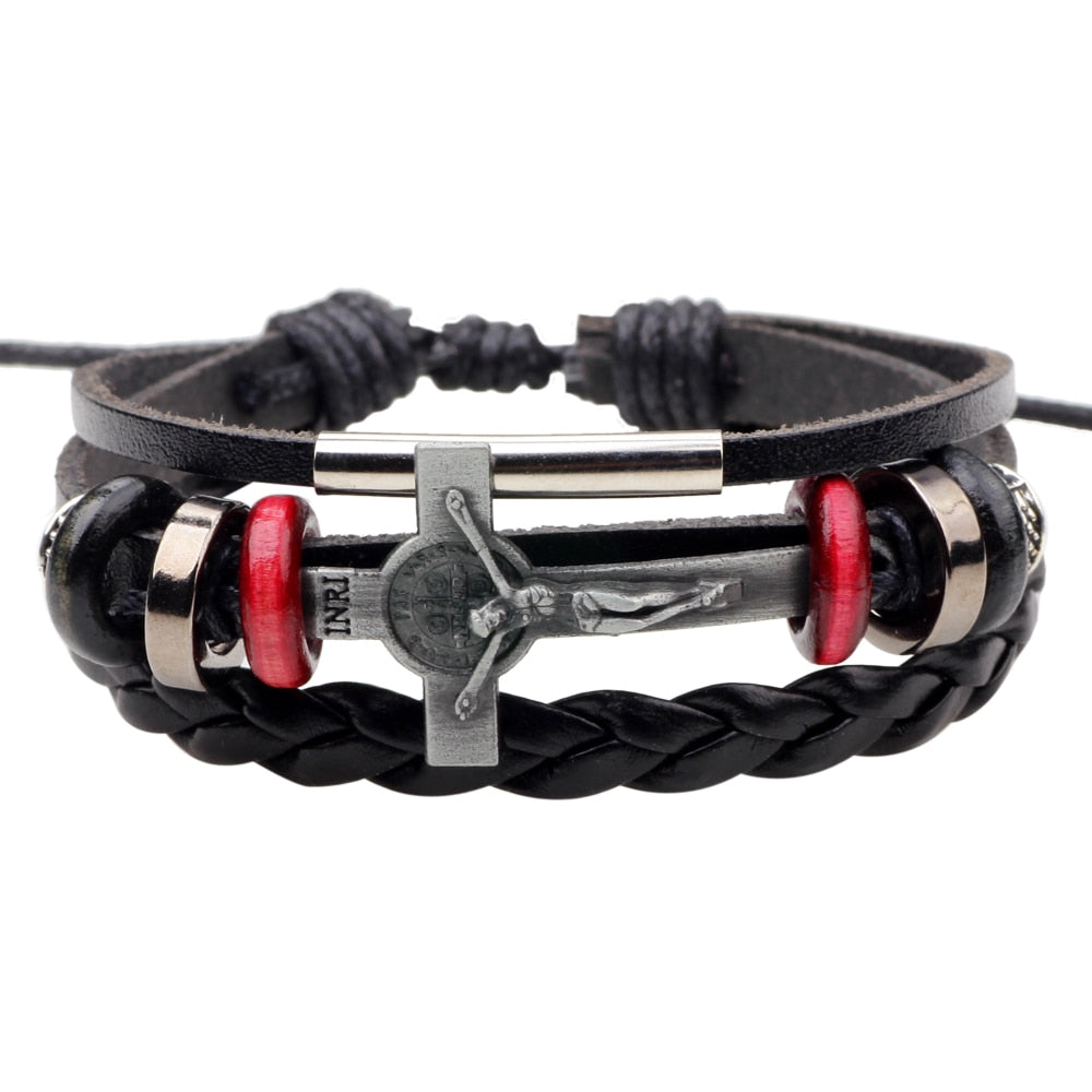 Punk multi-layer Jesus cross leather bracelet men's fashion woven bracelet bracelet Suitable for men's multi-layer hand-braided - Shopeasywear