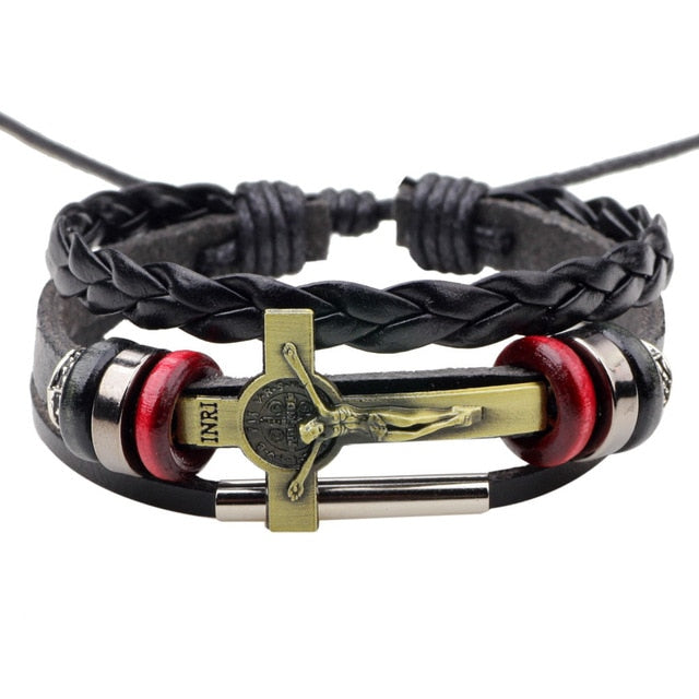 Punk multi-layer Jesus cross leather bracelet men's fashion woven bracelet bracelet Suitable for men's multi-layer hand-braided - Shopeasywear