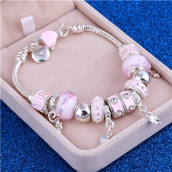 Pink Crystal Charm Silver Color Bracelets - Shopeasywear
