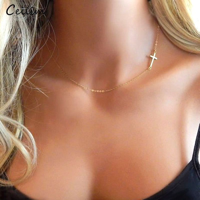 Simple Silver and Gold Color Cross Choker Necklace for Women Bohemian Stainless Steel Short Chain Necklace Summer Jewelry Collar - Shopeasywear