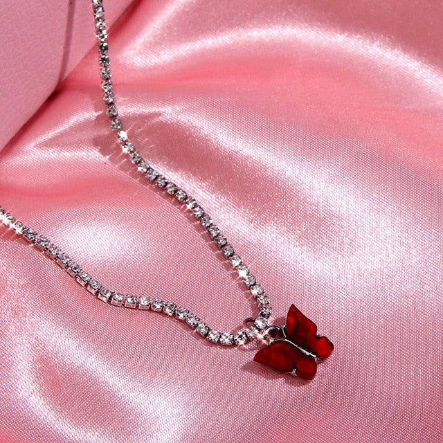 JJFOUCS Fashion Butterfly Crystal Chain Necklace For Women Acrylic Resin Silver Color Choker Necklace Jewelry Wedding Gift - Shopeasywear