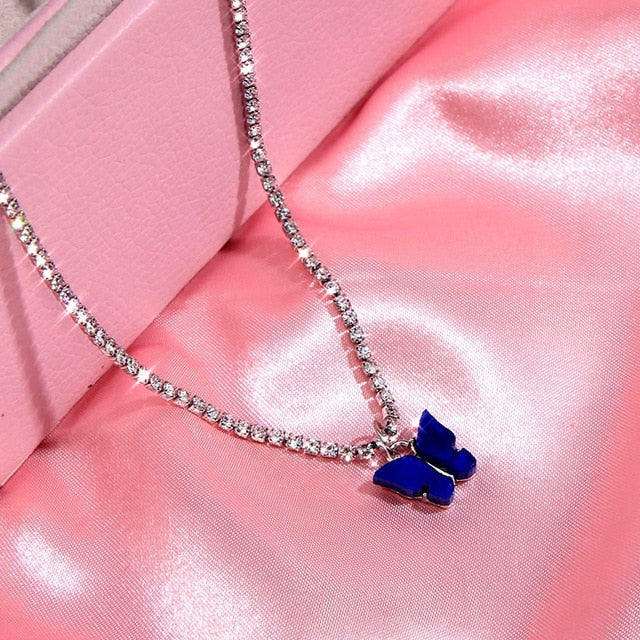 JJFOUCS Fashion Butterfly Crystal Chain Necklace For Women Acrylic Resin Silver Color Choker Necklace Jewelry Wedding Gift - Shopeasywear