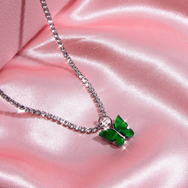 JJFOUCS Fashion Butterfly Crystal Chain Necklace For Women Acrylic Resin Silver Color Choker Necklace Jewelry Wedding Gift - Shopeasywear