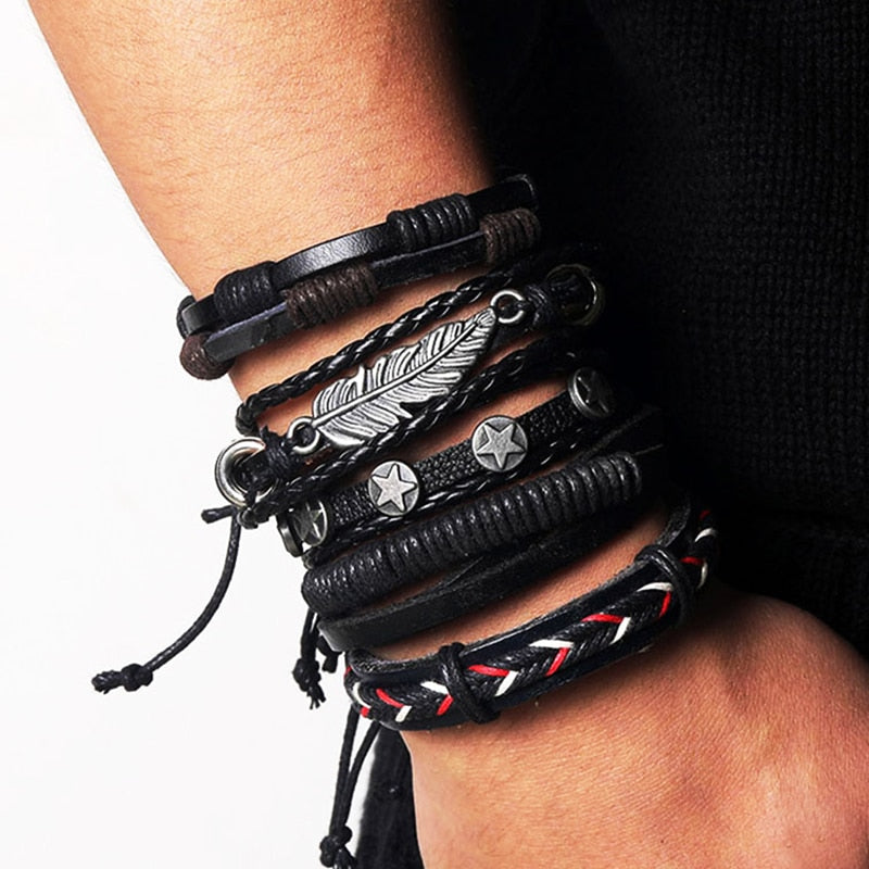 IFMIA Vintage Leather Bracelet Fashion Hand-knitted Multi-layer Leather Feather Leaf Bracelet and Fashion Men's Bracelet Gift - Shopeasywear