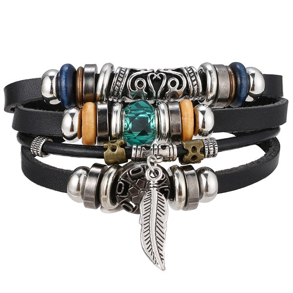 IFMIA Vintage Leather Bracelet Fashion Hand-knitted Multi-layer Leather Feather Leaf Bracelet and Fashion Men's Bracelet Gift - Shopeasywear