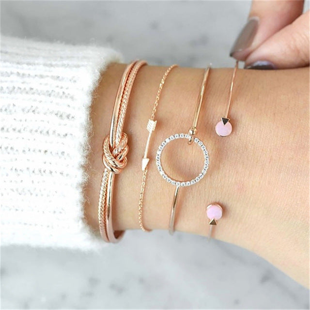4 pcs/set Fashion Bohemia Leaf Round Knot cuff Bangle Gold Chain Charm Bracelet Bangle for Women Simple Geometric Bracelets - Shopeasywear