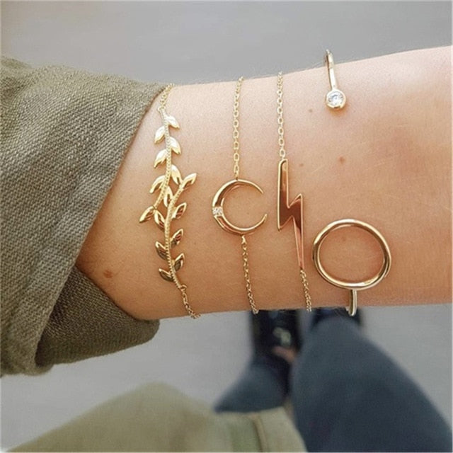 4 pcs/set Fashion Bohemia Leaf Round Knot cuff Bangle Gold Chain Charm Bracelet Bangle for Women Simple Geometric Bracelets - Shopeasywear