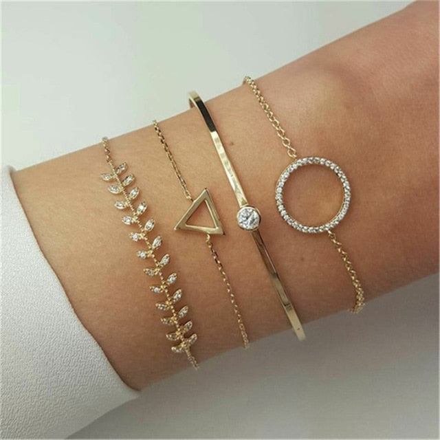 4 pcs/set Fashion Bohemia Leaf Round Knot cuff Bangle Gold Chain Charm Bracelet Bangle for Women Simple Geometric Bracelets - Shopeasywear