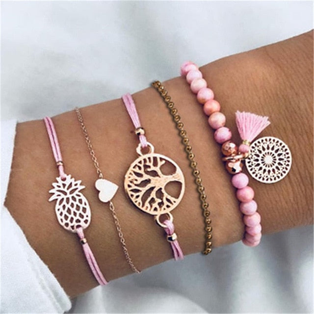 4 pcs/set Fashion Bohemia Leaf Round Knot cuff Bangle Gold Chain Charm Bracelet Bangle for Women Simple Geometric Bracelets - Shopeasywear