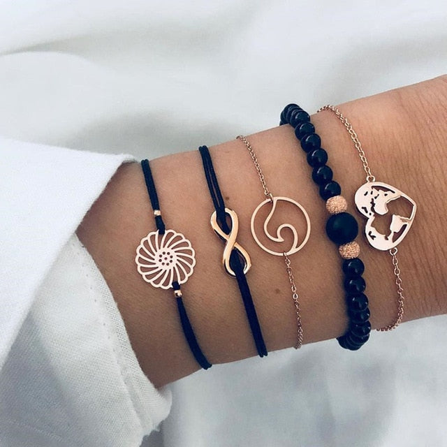 4 pcs/set Fashion Bohemia Leaf Round Knot cuff Bangle Gold Chain Charm Bracelet Bangle for Women Simple Geometric Bracelets - Shopeasywear