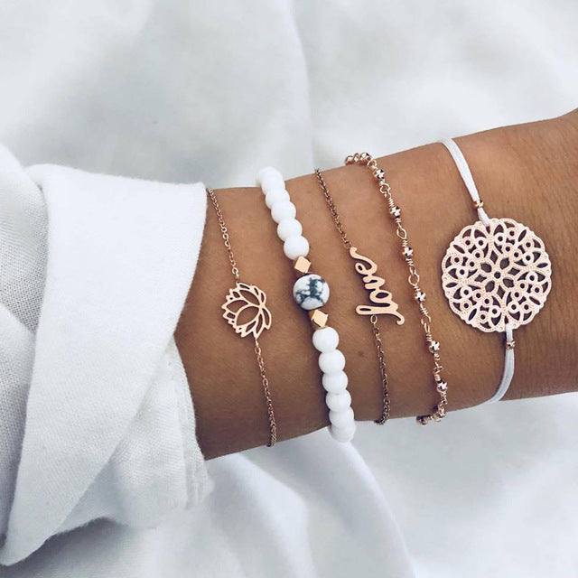 4 pcs/set Fashion Bohemia Leaf Round Knot cuff Bangle Gold Chain Charm Bracelet Bangle for Women Simple Geometric Bracelets - Shopeasywear