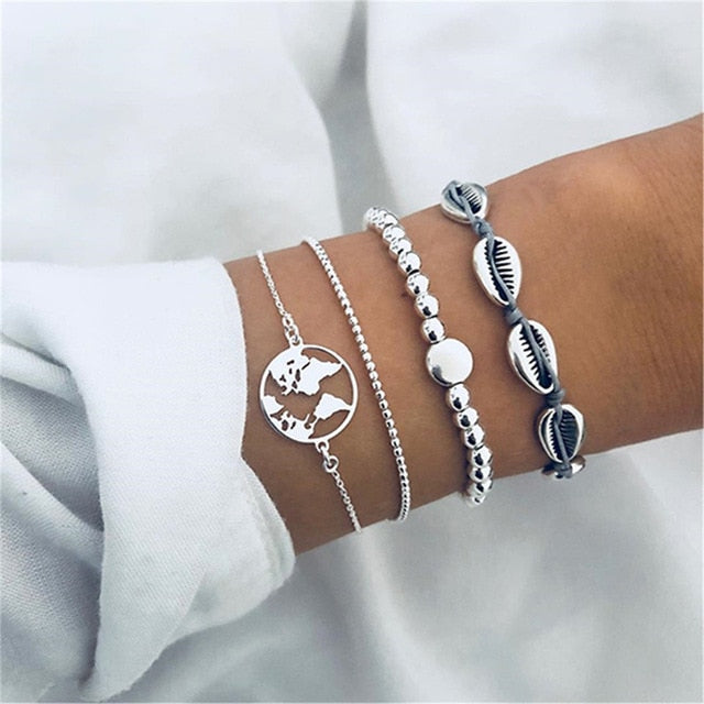 4 pcs/set Fashion Bohemia Leaf Round Knot cuff Bangle Gold Chain Charm Bracelet Bangle for Women Simple Geometric Bracelets - Shopeasywear