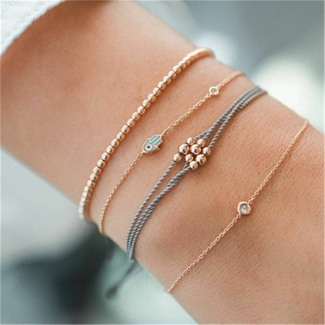 4 pcs/set Fashion Bohemia Leaf Round Knot cuff Bangle Gold Chain Charm Bracelet Bangle for Women Simple Geometric Bracelets - Shopeasywear