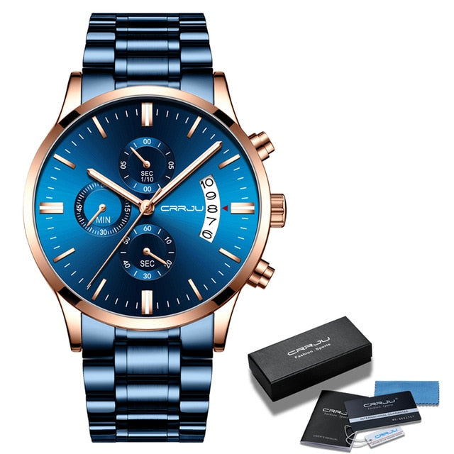 Top Brand CRRJU Men Watches Fashion Blue Stainless Steel Waterproof Sport Watch Men Quartz Clock Male Chronograph Reloj Hombre - Shopeasywear