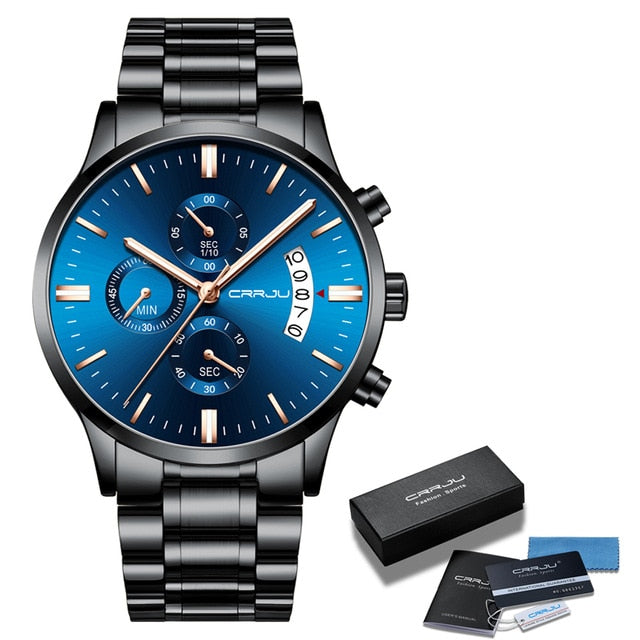 Top Brand CRRJU Men Watches Fashion Blue Stainless Steel Waterproof Sport Watch Men Quartz Clock Male Chronograph Reloj Hombre - Shopeasywear