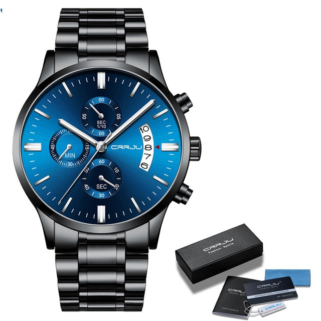 Top Brand CRRJU Men Watches Fashion Blue Stainless Steel Waterproof Sport Watch Men Quartz Clock Male Chronograph Reloj Hombre - Shopeasywear