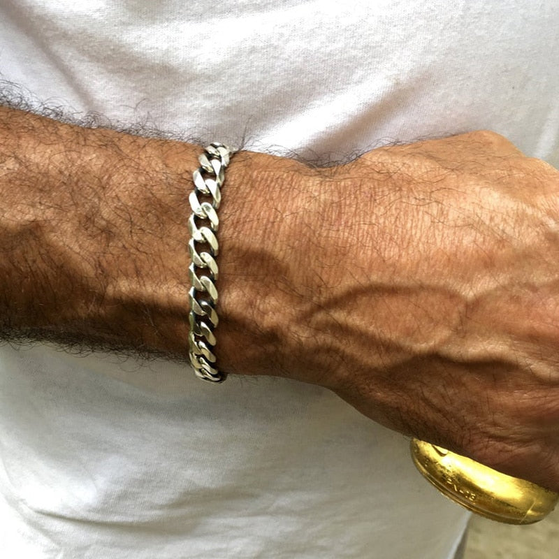 PUNK SILVER COLOR CURB CHAIN BRACELET FASHION MEN'S STAINLESS STEEL BANGLE BRACELETS 3MM 5MM 7MM 9MM 11MM - Shopeasywear