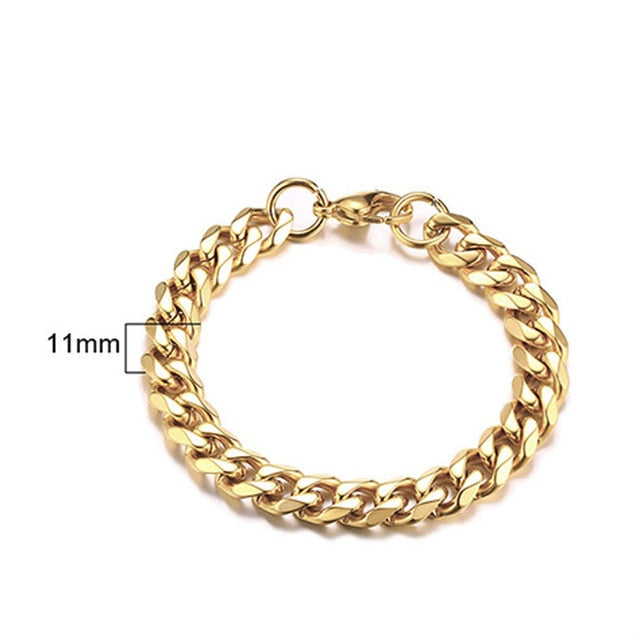 PUNK SILVER COLOR CURB CHAIN BRACELET FASHION MEN'S STAINLESS STEEL BANGLE BRACELETS 3MM 5MM 7MM 9MM 11MM - Shopeasywear