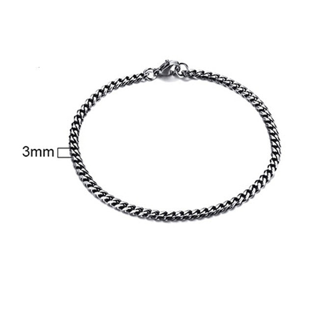 PUNK SILVER COLOR CURB CHAIN BRACELET FASHION MEN'S STAINLESS STEEL BANGLE BRACELETS 3MM 5MM 7MM 9MM 11MM - Shopeasywear