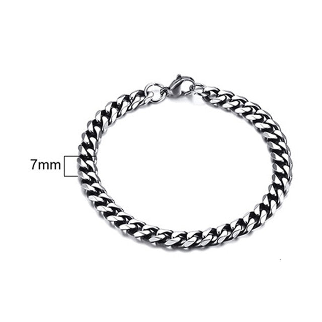 PUNK SILVER COLOR CURB CHAIN BRACELET FASHION MEN'S STAINLESS STEEL BANGLE BRACELETS 3MM 5MM 7MM 9MM 11MM - Shopeasywear